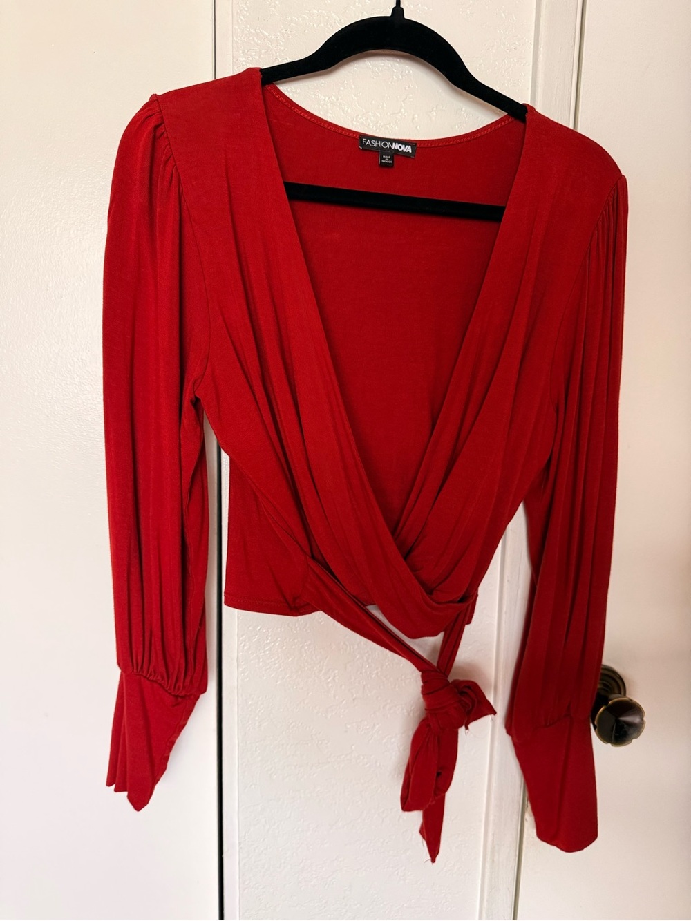 Fashion Nova Red Tie-Waist Long Sleeve Wrap Top